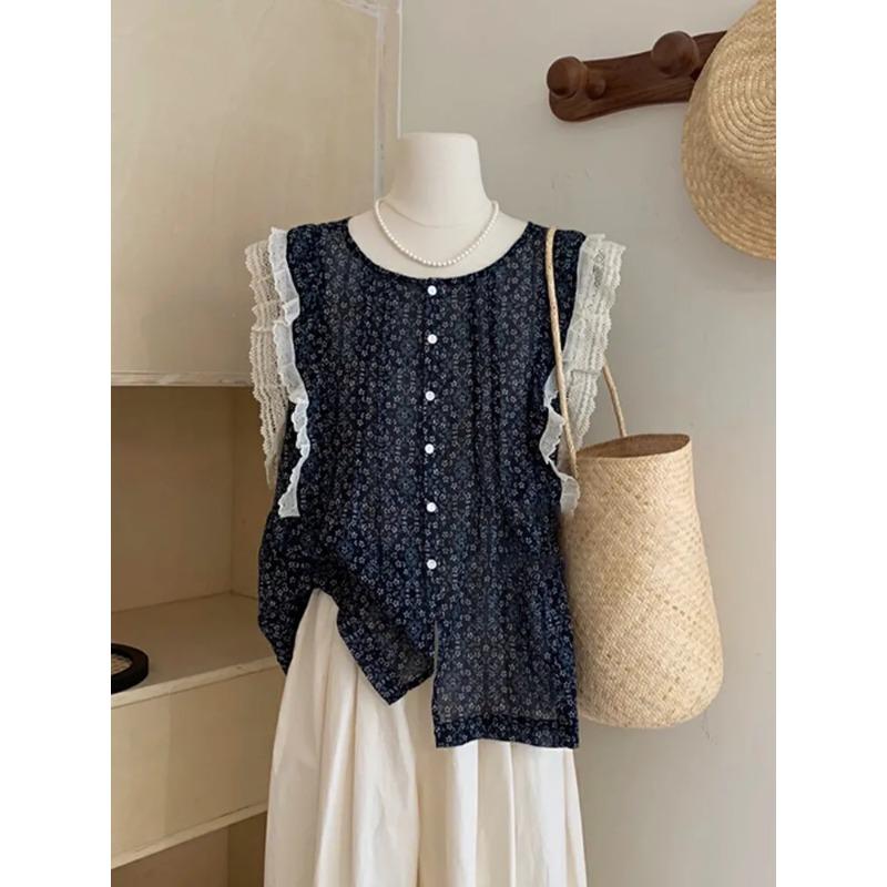 Женская темно-синяя блузка без рукавов с мелким цветочным принтом, кружевная отделка, на пуговицах, повседневный топ S чёрный