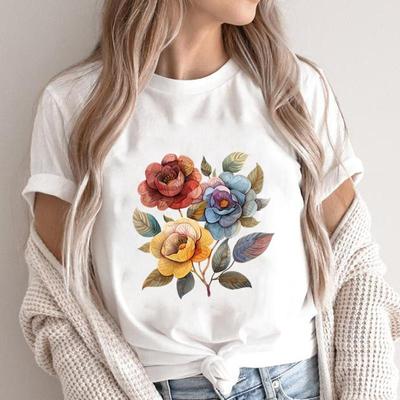(Asian Size) Print Short Sleeve T-shirts Casual Women's Fashion Lovely Flower Cute Clothing T Female Top Graphic Tee