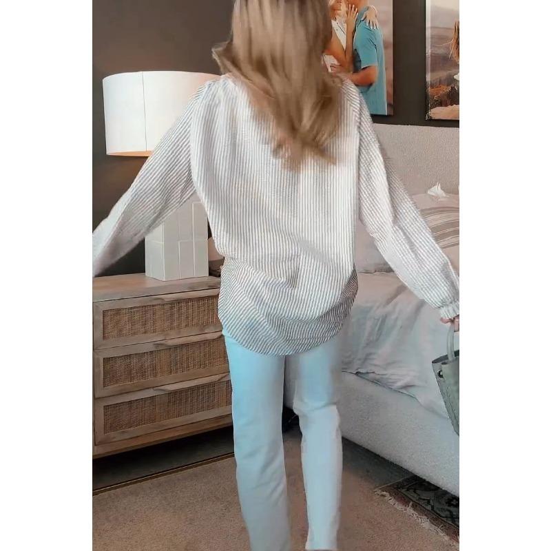 Herbst und Winter Damen Chiffon Shirt Gestreifte Krawatte Langarm Top