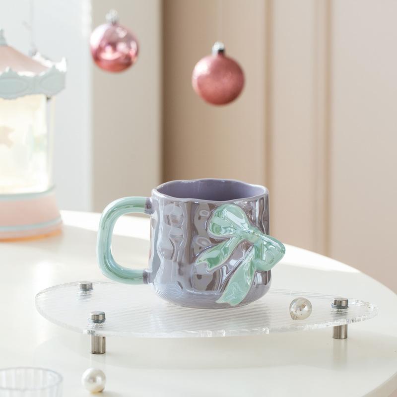 Pearlescent Glaze Bow Mug Nordic High Appearance Level Electroplated Ceramic  High End Feel  A Birthday Gift for A Girl's Best Friend