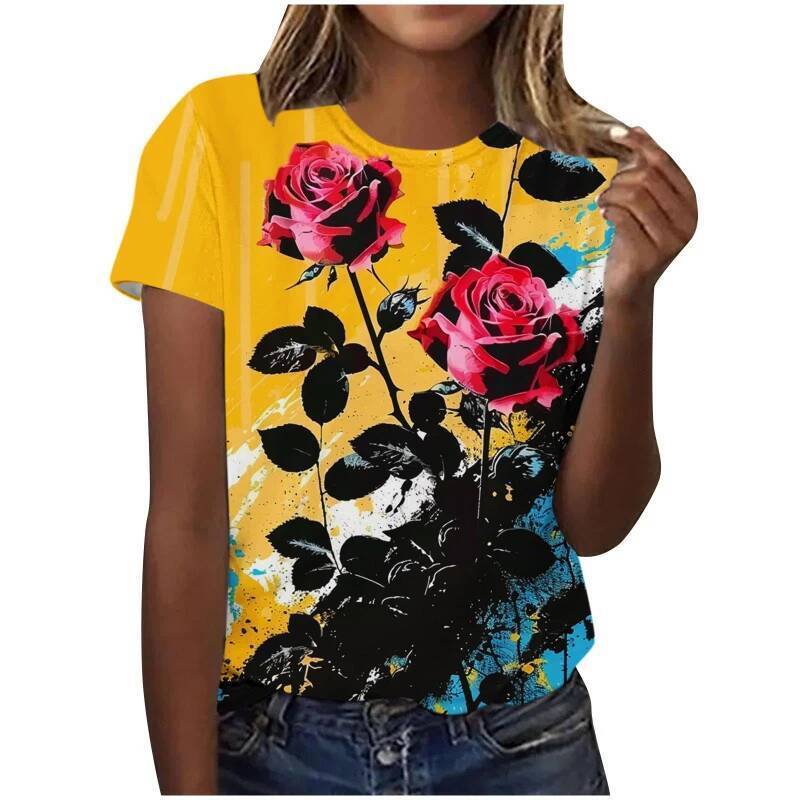 3D Rose Daisy Printed Women s T-shirt Summer Fashion Flower Pattern XS