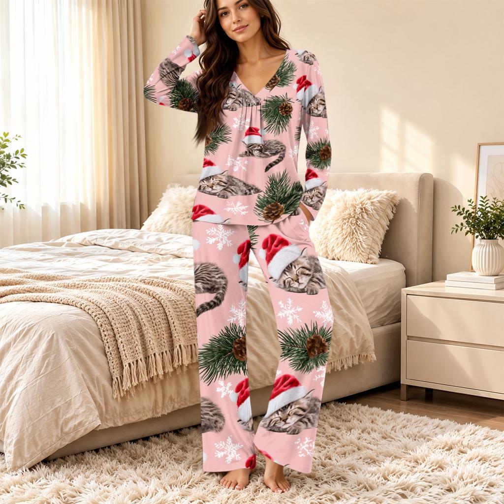 Women's Casual Fashion V-neck Loose Christmas Printed Pajamas Pajamas Set