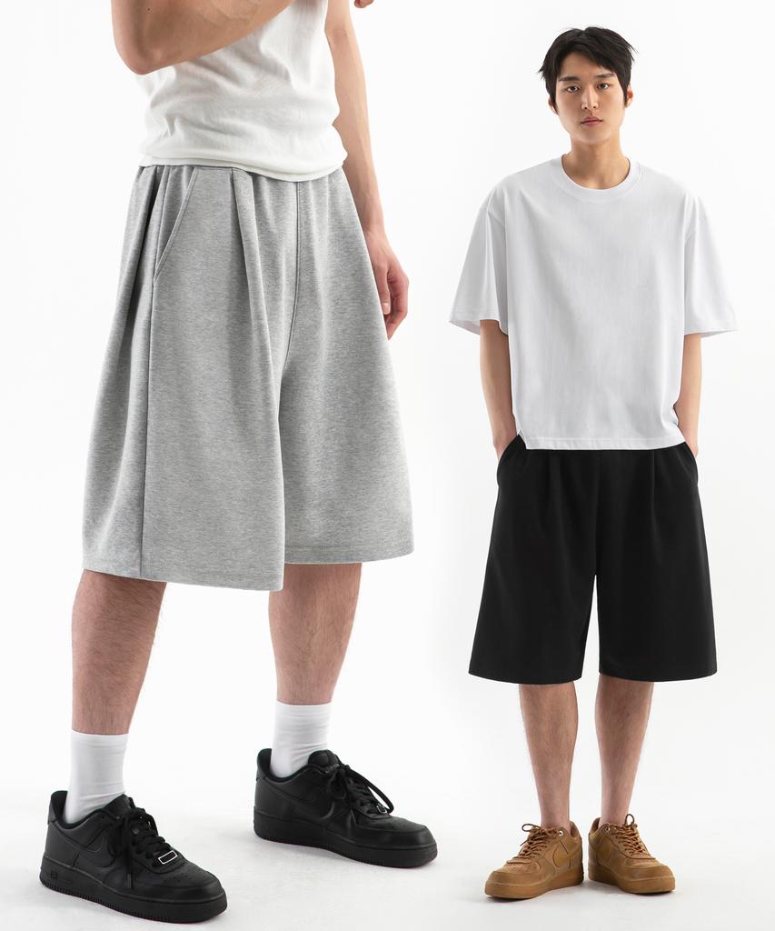 UNIONSTUDIO ( 2 Pack ) Odd Side Double Pleated Wide Sweat Half Pants ( 3 Colors )