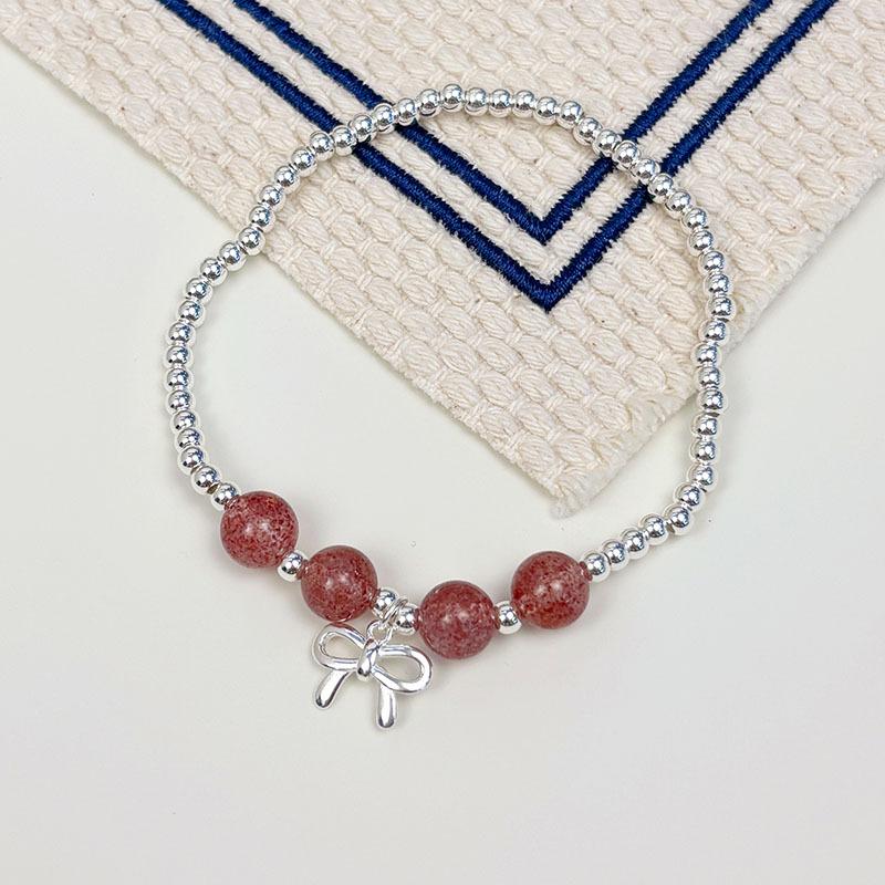 s925 sterling silver strawberry crystal bow bracelet for girls, Instagram summer sweet and girlish, simple elastic string