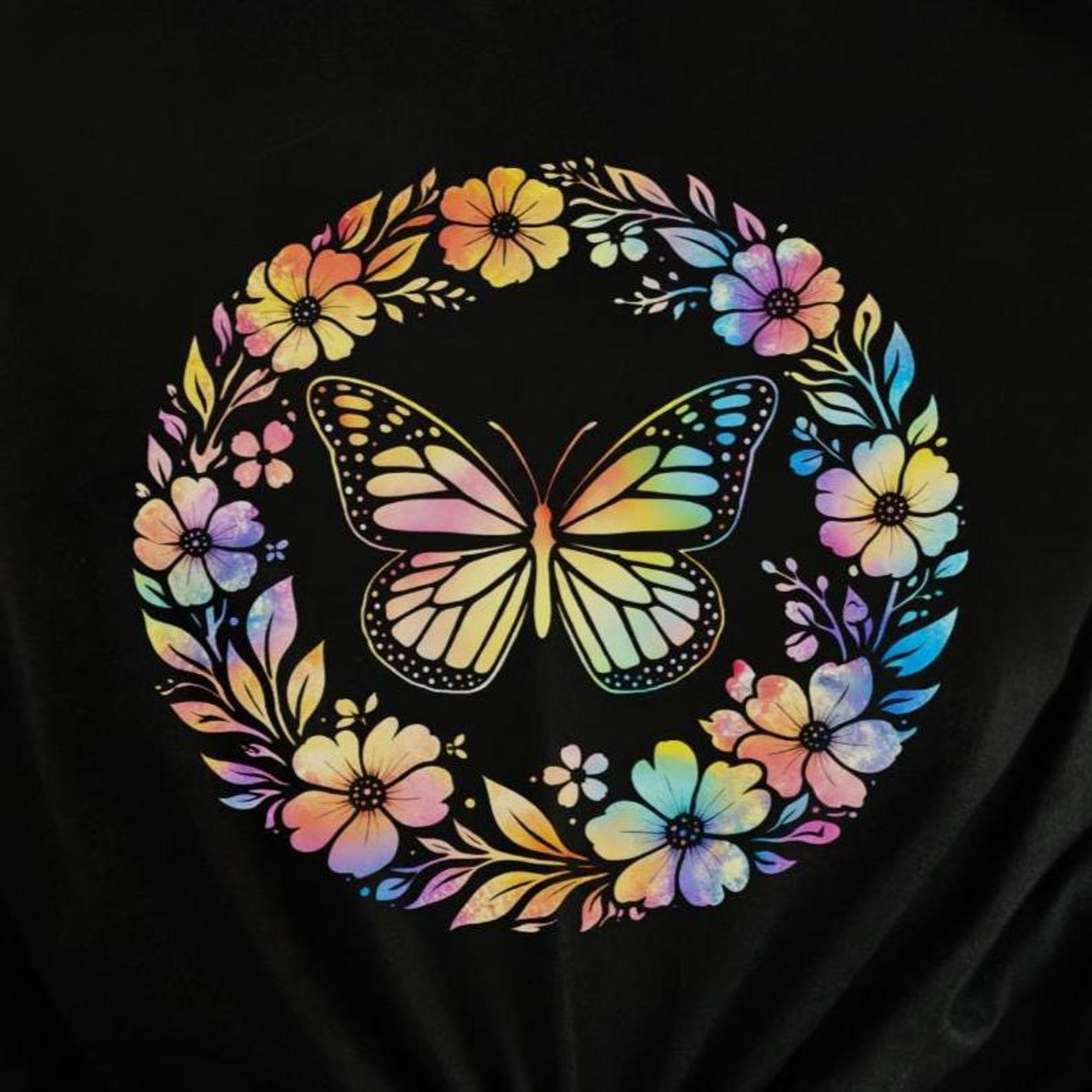 Rainbow Butterfly Floral Shirt | Boho Botanical Graphic T-Shirt M