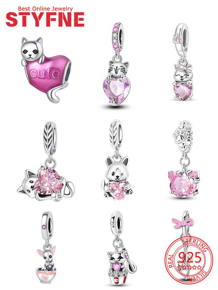 Original Charms Copper Pink Cat Love Heart Beads Fit Bracelets Beads Charms Jewelry Gift Making Fine Jewelry