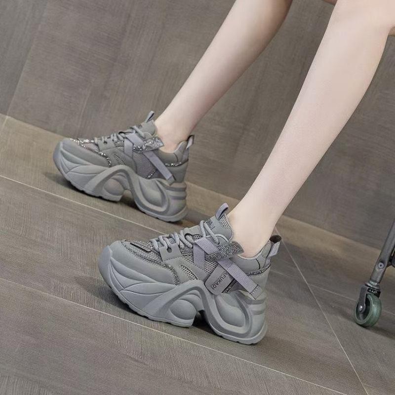 Dad Shoes Girl 2025 Summer New Thick-soled Rhinestone Mesh Shoes 10cm Height Increase Casual Versatile Leather Little White Shoes