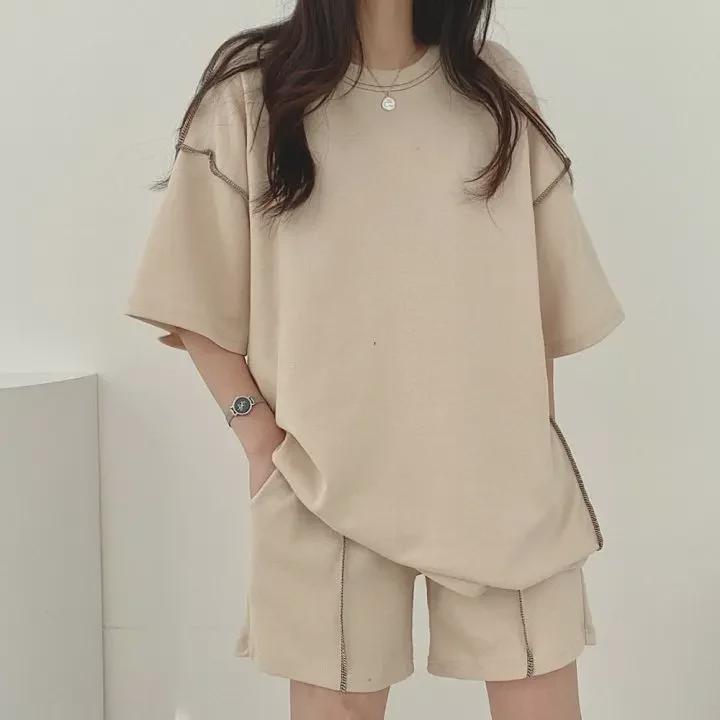 Women's 2024 Summer Casual Solid Color Cotton Sportswear Set - Loose Two-Piece Outfit