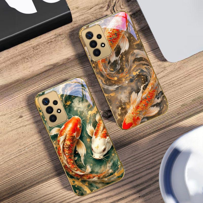 Lucky Orange Golden Koi For Samsung A73 A72 A71 A42 A56 A55 A54 A53 A52s A52 A51 A36 A35 A34 A33 A32 A16 Golden Glass Phone Case