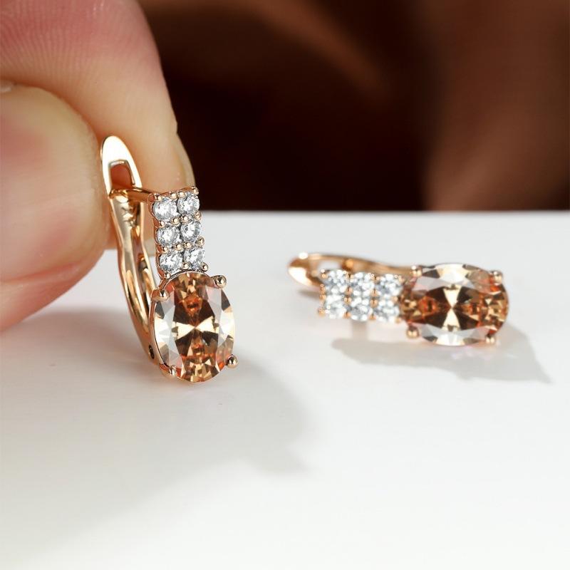 Oval amethyst zircon plated champagne gold ear buckle wedding earrings for women