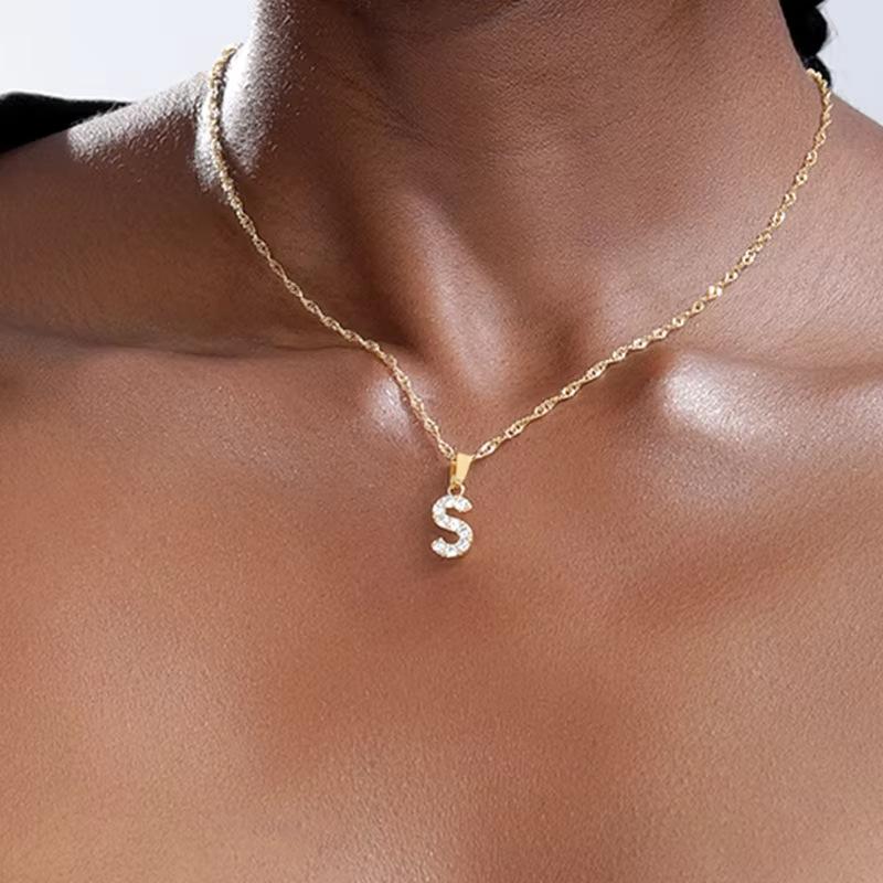 New English letter necklace plated with real gold and slightly inlaid with zircon letter pendant stainless steel chain