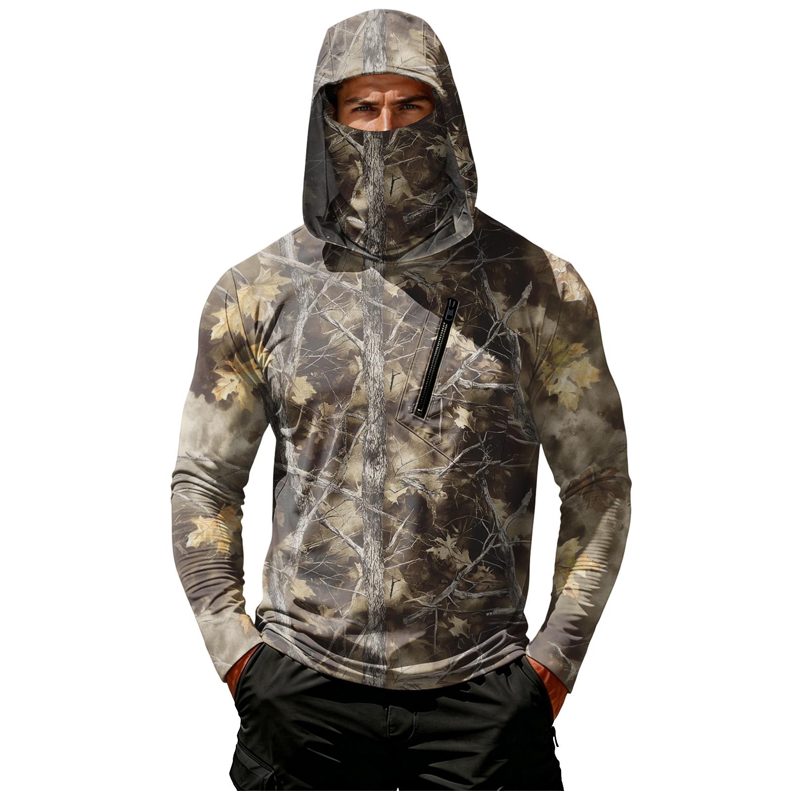 

Men s Casual Leaf Camouflage Print Hooded Long Sleeve Sun Protection Shirt Lightweight Breathable Outdoor Top with Zipper Pocket XXL бронзовый