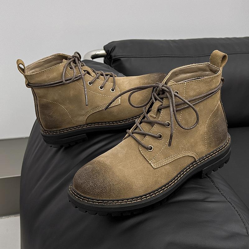 Móda 2025 Semišové kotníkové boty pro muže z hovězí kůže, designové boty na platformě v jednobarevném provedení, pánská móda, ležérní retro šněrovací kožené boty pro muže