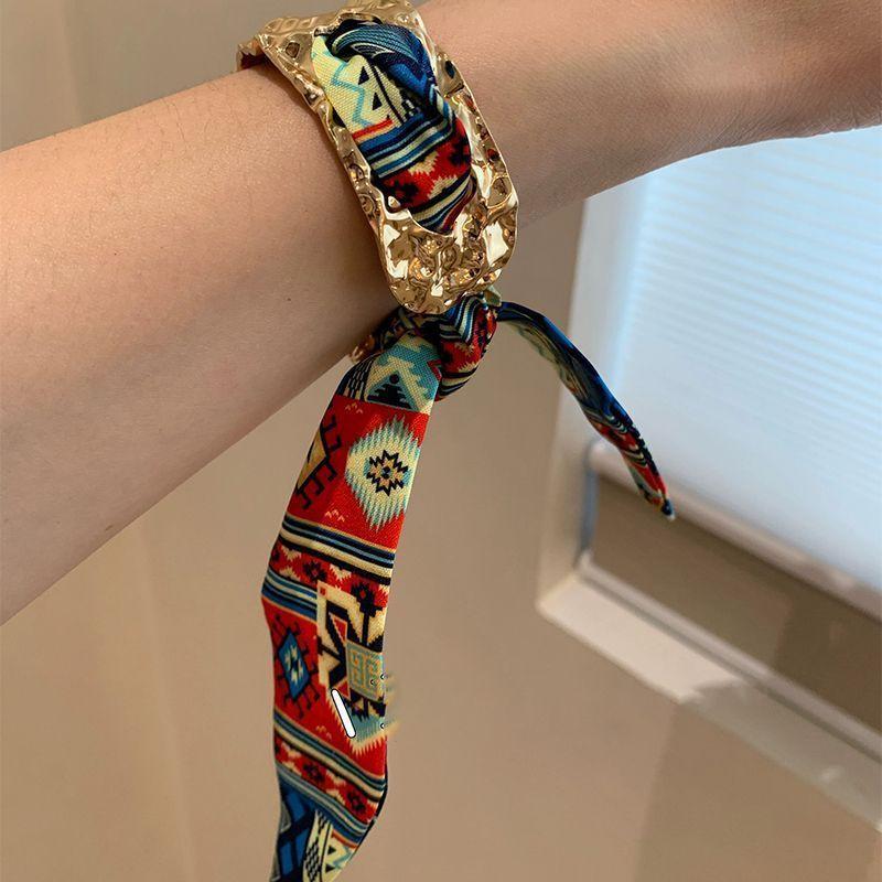 Vintage Silk Scarf Cuff Bangles for Women Punk Geometric Metal Wide Edge Adjustable Bracelet Luxury Designer Jewelry Gifts