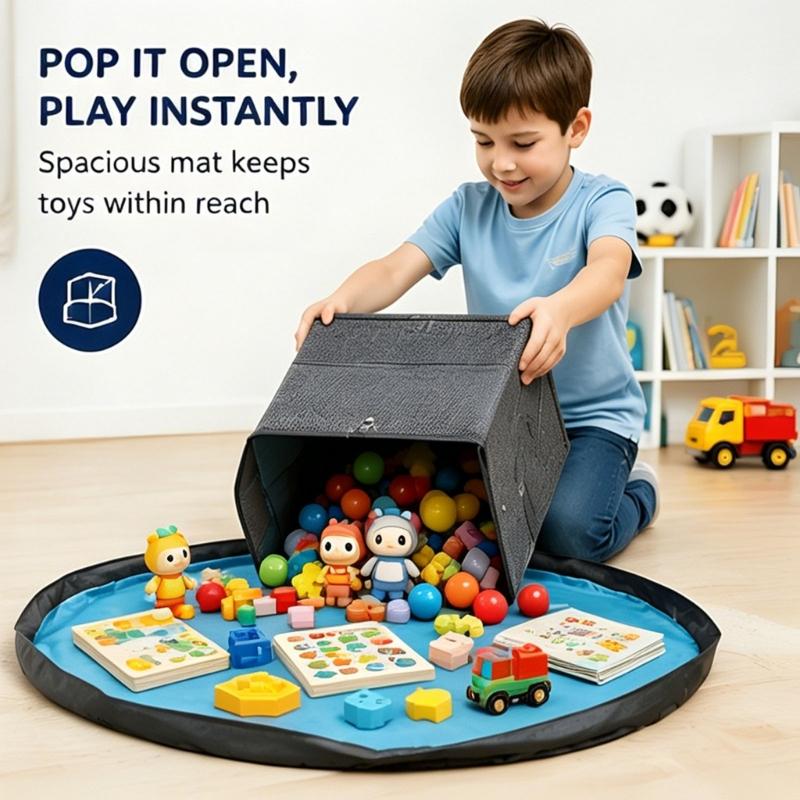 Playroom Toy Storage Bin With Play Mat and Side Handles, Fabric Basket for Kids Daily Pickup Bedroom Storage and Indoor Use Each Day