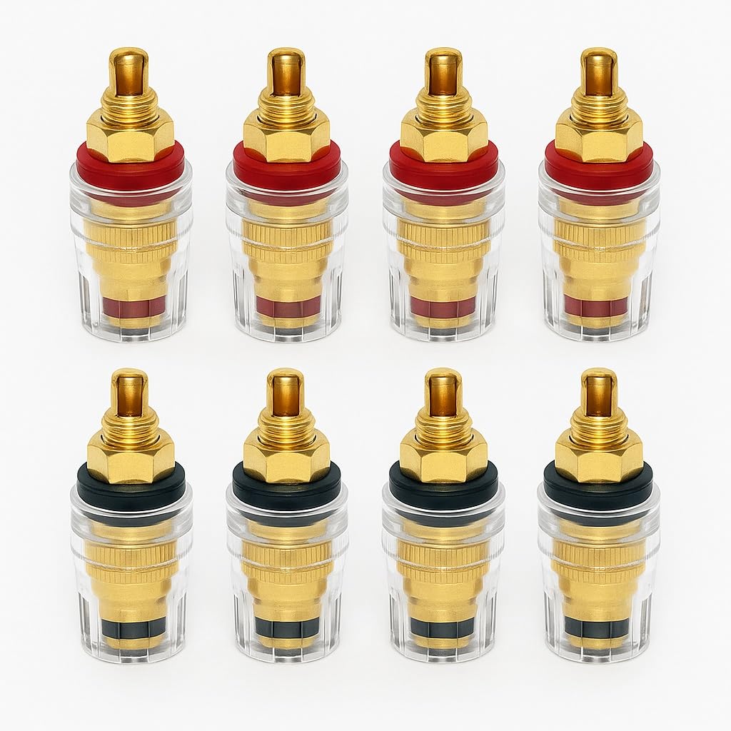 GlowBit Speaker Banana Audio Set of 4 4 Black Terminals, Plugs, Gold-Plated Copper, Parts, Wiring, Solder, 8, Red,