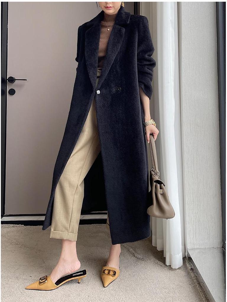 Women’s Versatile Mid-Length White Suri Alpaca Cashmere Wool Coat for Winter 2024