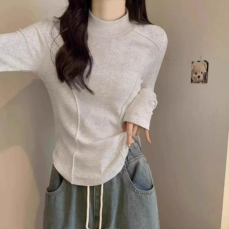 Hong Kong style velvet half turtleneck bottoming T-shirt for women in autumn and winter pure desire with fishbone slim curved hem basic top