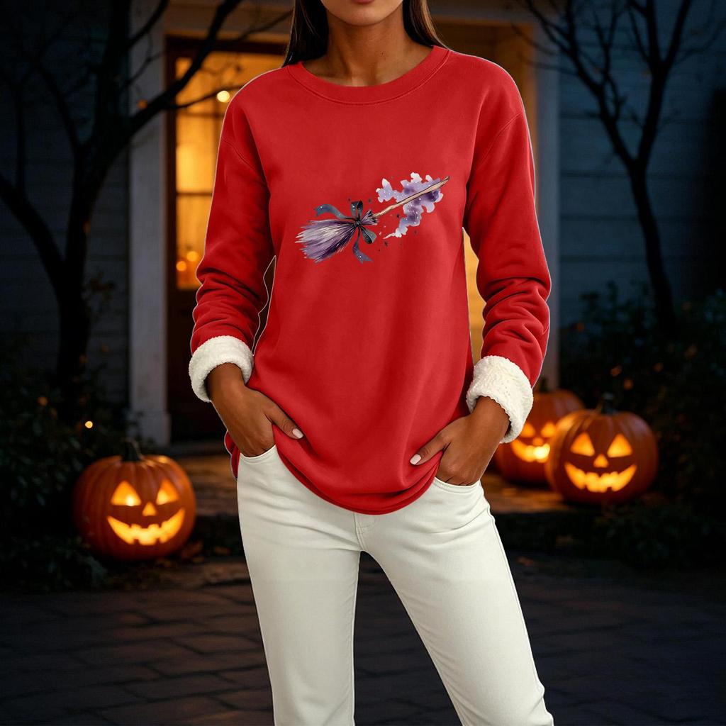 Women's Lined Long Sleeve Round Neck Halloween Print Tops for Winter Casual Wear