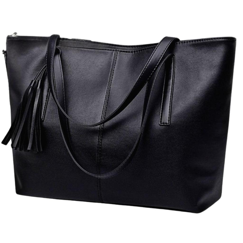 Women's Tote Bag, A4 Size, Large Capacity, PU Leather, Lightweight, Shoulder Strap, Zippered, Simple Design, Black, Perfect for Commuting or School