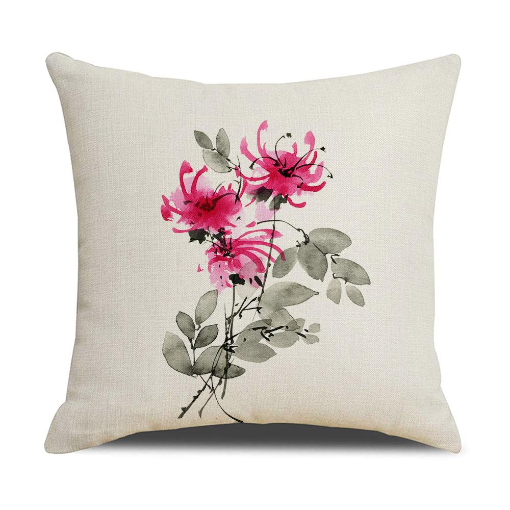 Chinese Style Series Ink Flower and Grass Print Pillow Linen Print New Chinese Style Home Sofa Pillow Living Room Bedroom