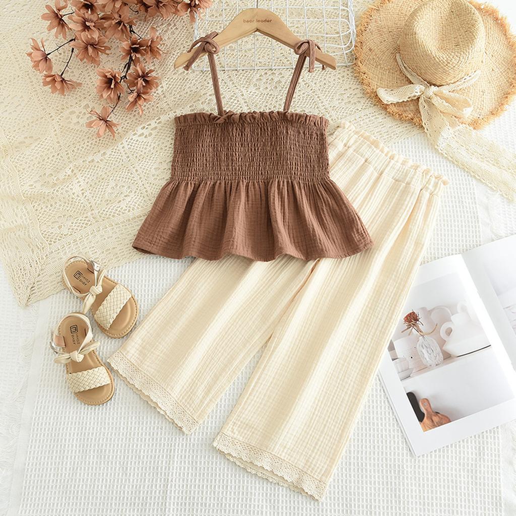 New Children's Summer Outfit for Girls, Tie Strap Camisole Top + Wide-Leg Pants, Baby Mori Style Set, Korean Version Vacation Set