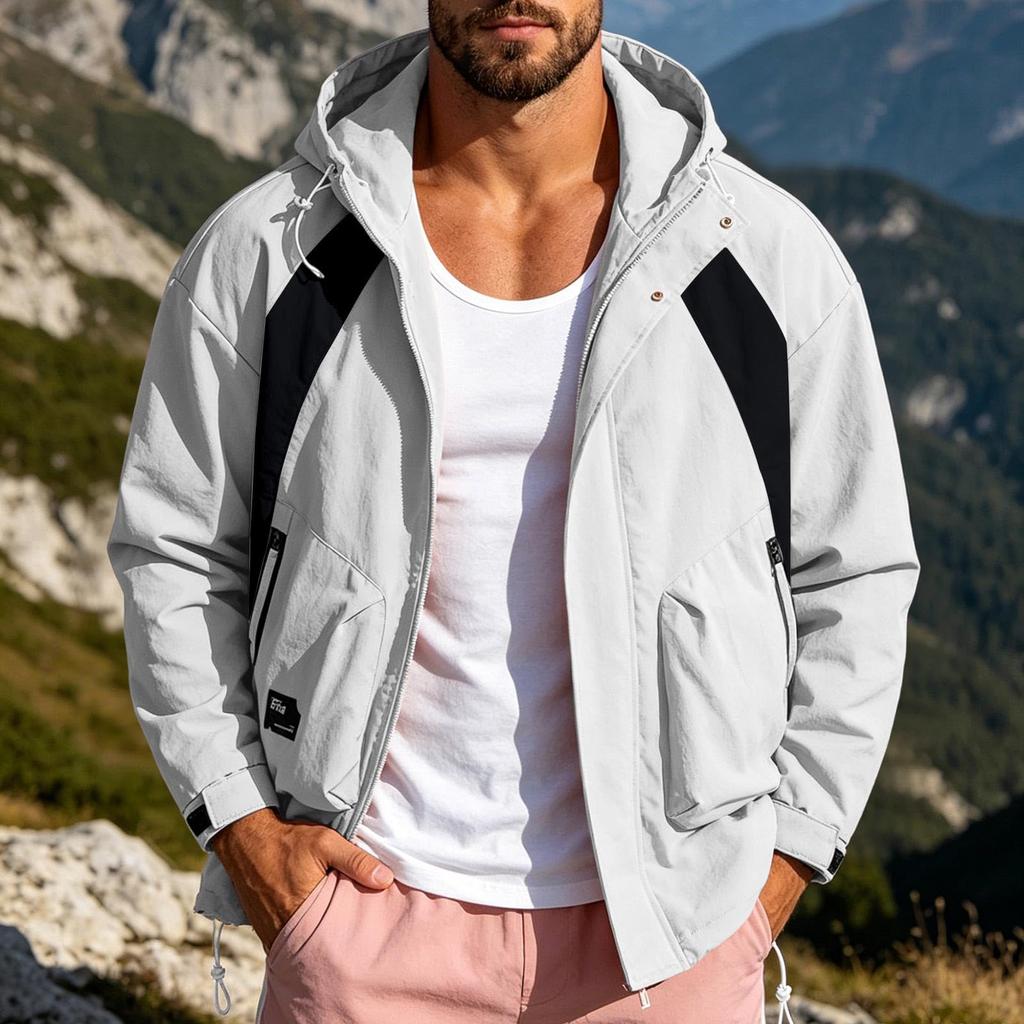 Men's Color-Block Windproof Outdoor Jacket with Removable Hood, for Hiking and