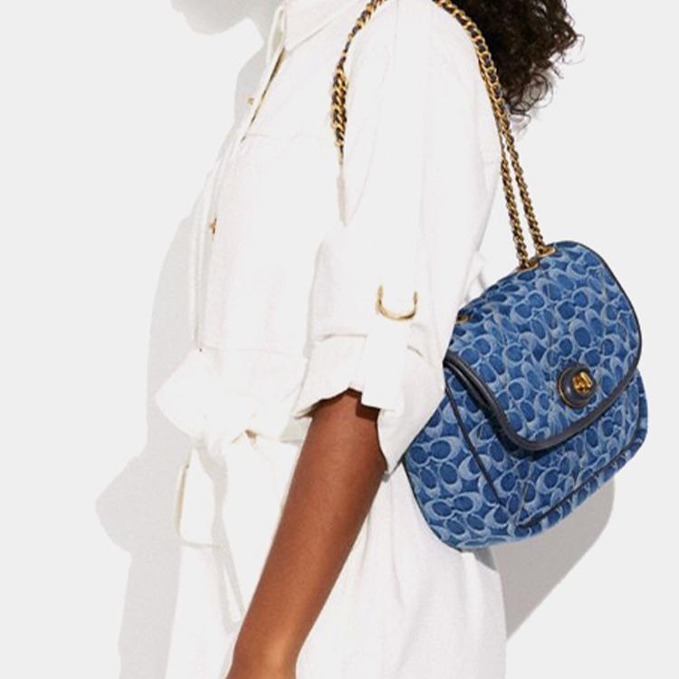 New COACH Pillow Denim With Leather Chain Bag, Crossbody Bag, Shoulder Bag Women's Marine Blue CA104-B4UDF