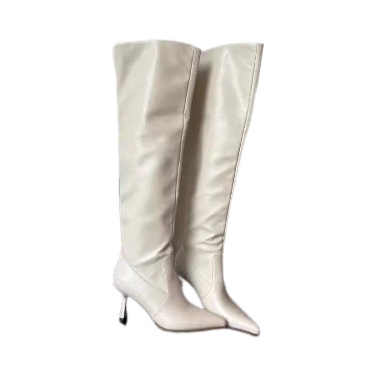 Skinny Versatile Folded Tall Boots Women's Autumn and Winter Thin Heel Skinny Pile Boots High Heel But Knee Boots