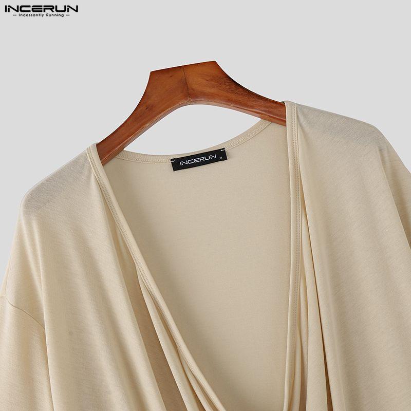 INCERUN T-shirt Casual Estive da Uomo Oversize con Collo a Sottoveste a Maniche Corte, Tinta Unita, Ample