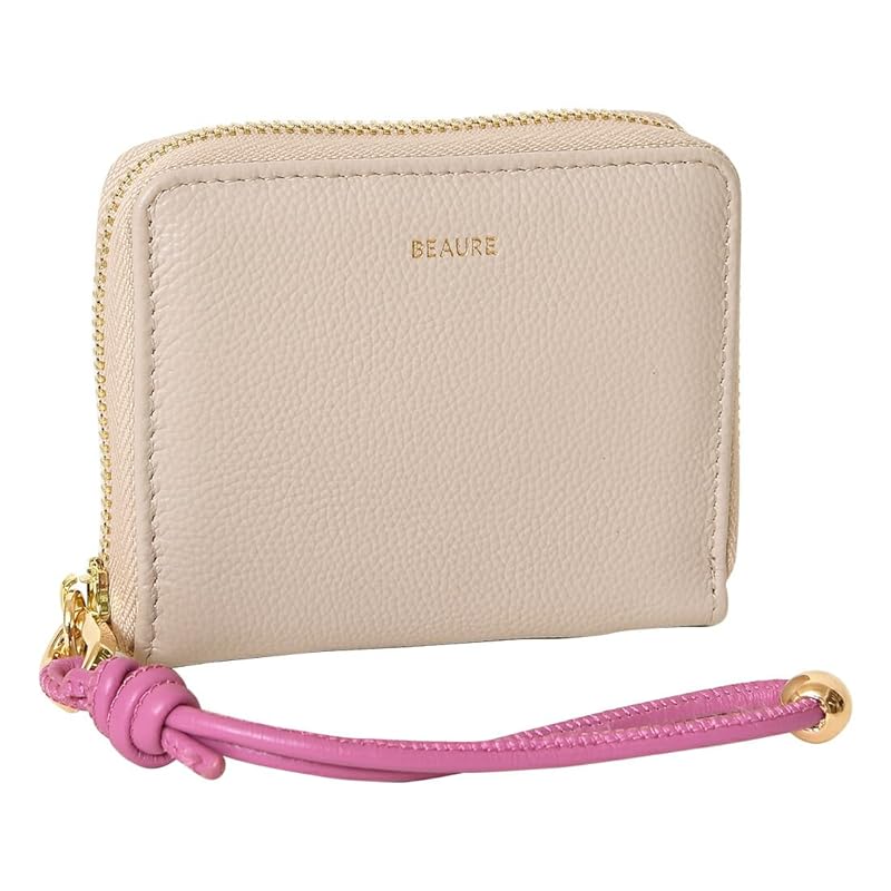 

[BEAURE] [Vuret] B-24096 genuine leather short wallet round zipper mini wallet bi-fold with hand strap ladies P.Beige