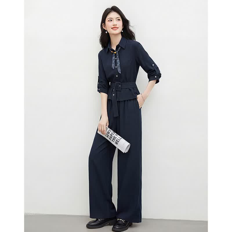 Women's Elegant Navy Long-Sleeve Shirt and Pant Set