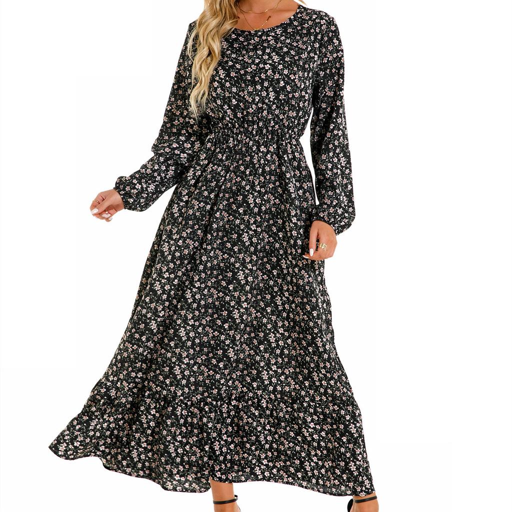Women Spring Autumn O Neck Long Sleeve A Line Slim Elastic Waist Floral Print Long Dress Ruffle Clothing