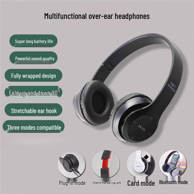 Bluetooth Over-Ear Wireless Headset P47: Foldable, Sports Design, Heavy Bass, Card Slot, Comfortable Fit.
