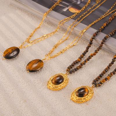 Maillard Oval Tiger'S Eye Pendant Temperament Titanium Steel Necklace Vintage Beaded Chain Set Female