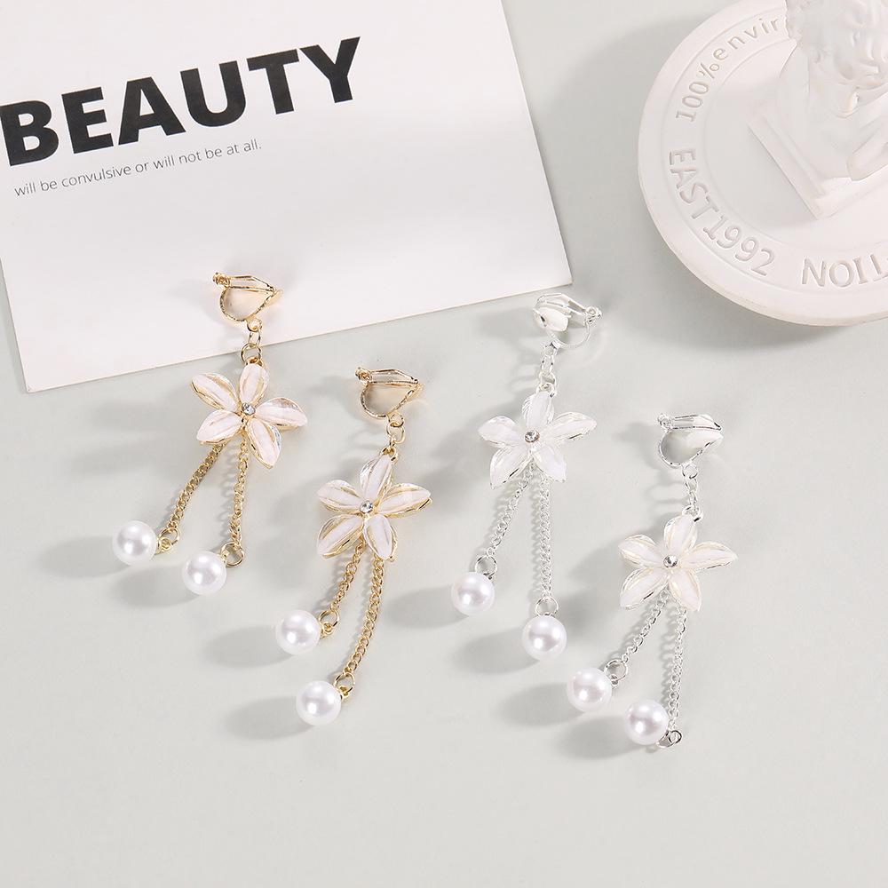 

Korean Pearl Tassel Earrings - Elegant Long Clip-On for Women, No Piercing Needed.