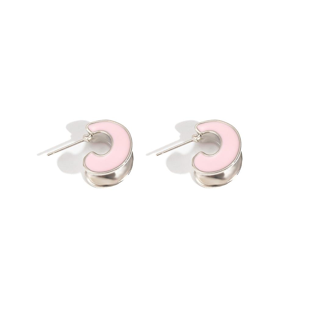 Pink Girl Simple And Sweet Wind Dripping Oil C-Shaped Stud Earrings Fashionable Niche High-End Earrings