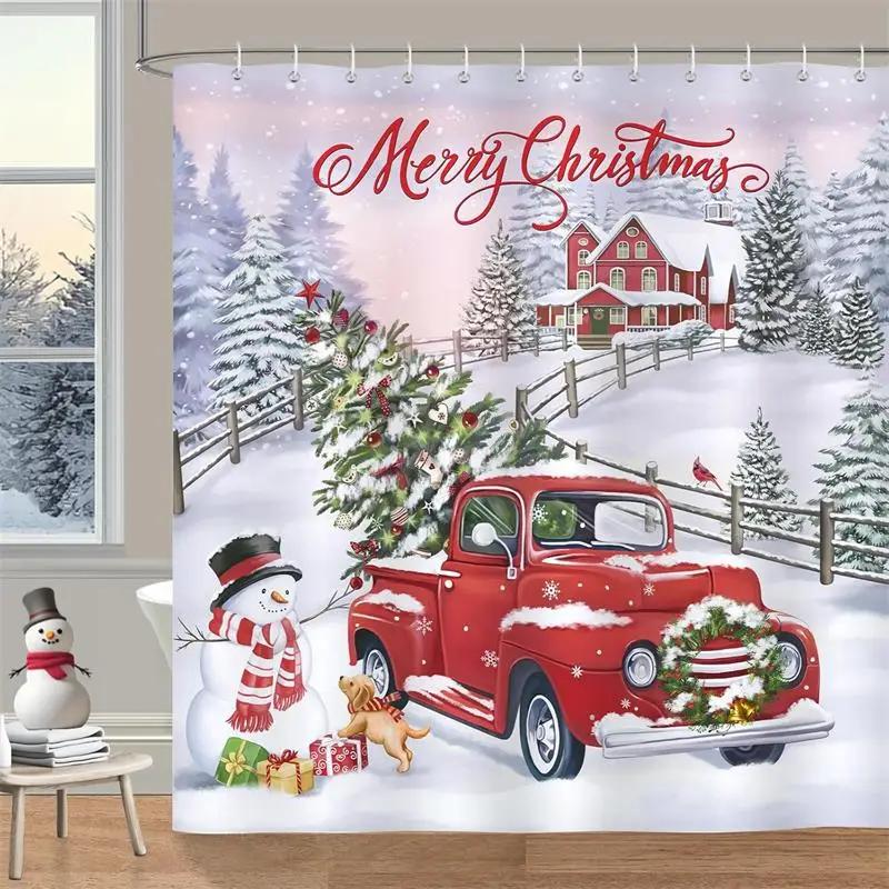 Christmas Shower Curtains Cute Elf Santa Claus Snowman Red Bird Xmas Tree Winter New Year Home Bathroom Curtain Decor With Hooks