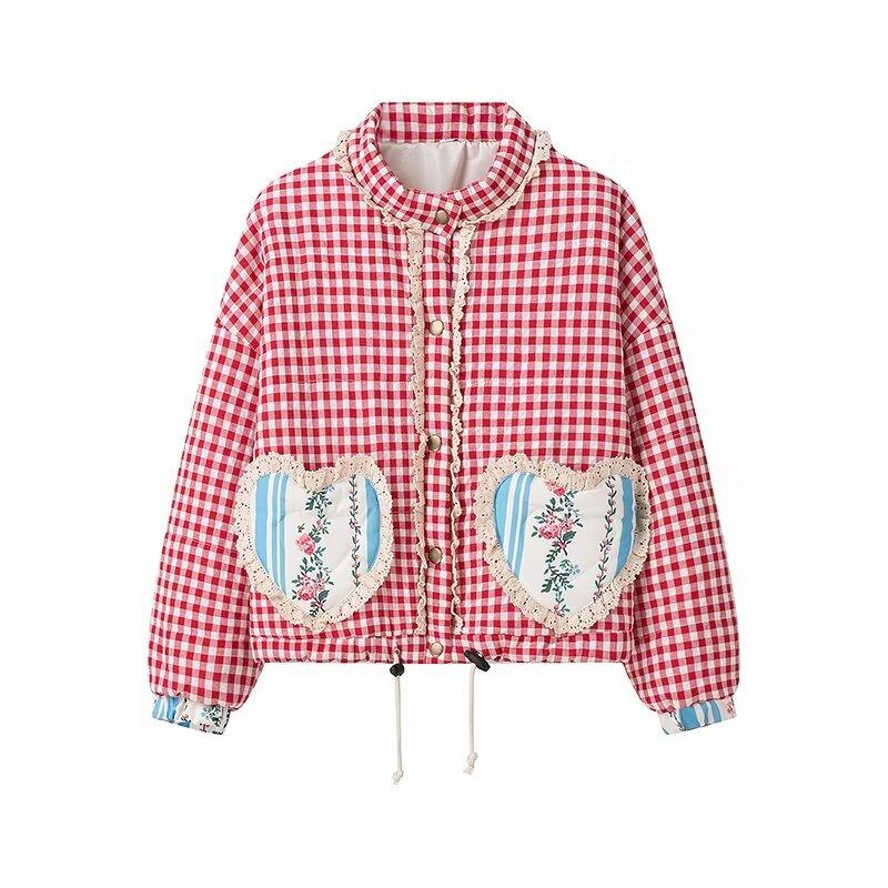 Women Lovely Loose Heart Patterned Parkas Winter Long Sleeve Quilted Cotton Padded Jacket Coat Female Cute Outerwear