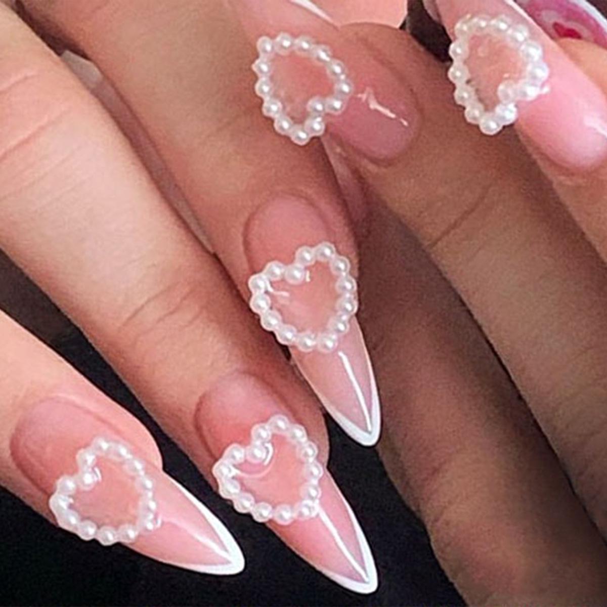 

Pearl Heart Nude False Nails - Long Pointed Manicure Tips
