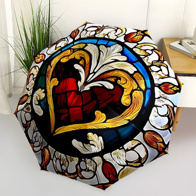 

1pc Stained Glass Heart Automatic Opening/Closing Umbrella with Operation & Windproof Canopy yy260311088