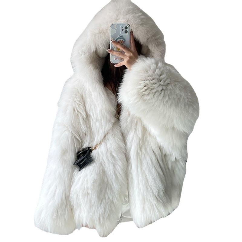 New Imitation Fox Hair Woven Hooded Bat Sleeve Long Sleeve Slim Imitation Fur Fur Coat Women