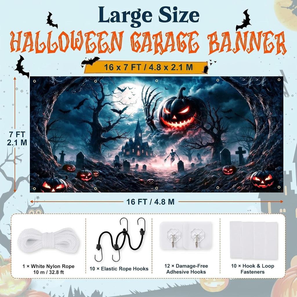 Halloween Garage Door Cover 16 x 7 FT, Scary Pumpkin Backdrop Banner