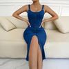 Women's Sleeveless Ribbed Knit Maxi Dress Summer Bodycon Button Down Long Tank Dress Sexy Slim Fit High Slit Office Work Dress
