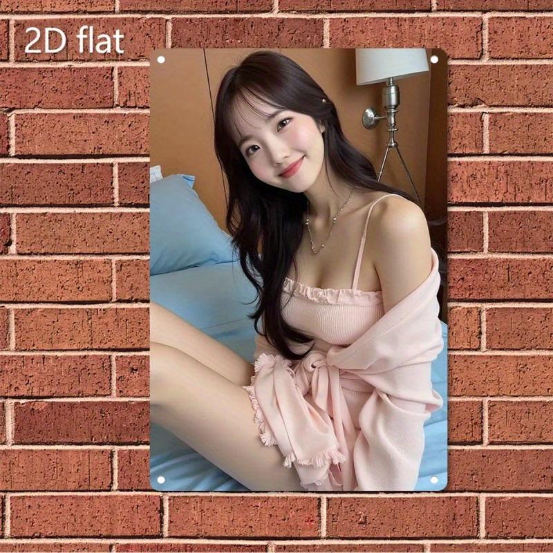 Vintage Metal Wall Art Sign with Pink Puff SleeveKorean Drama Inspired Female Face Iron Poster