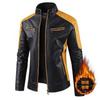 Mens PU Leather Biker Jacket With Stand Collar Retro Patchwork Design Warm Casual Outerwear Winter