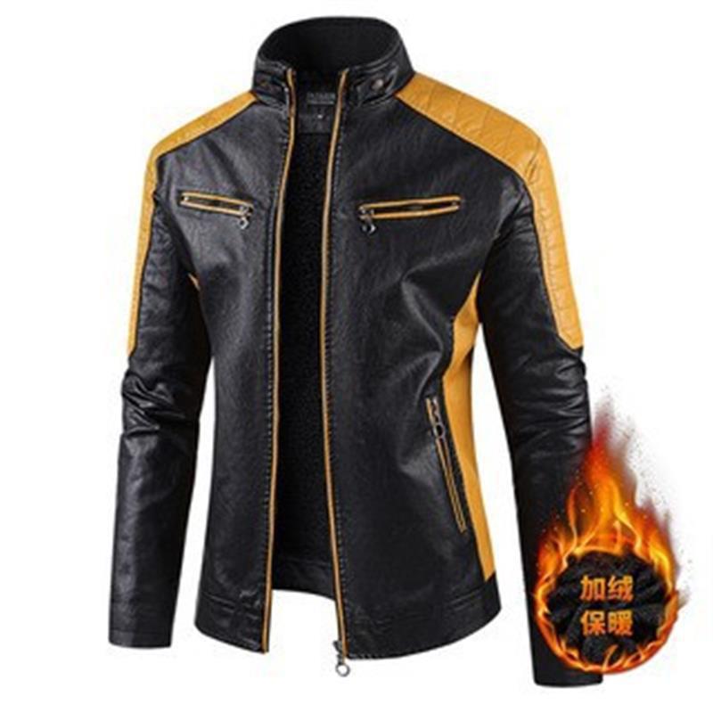 Mens PU Leather Biker Jacket With Stand Collar Retro Patchwork Design Warm Casual Outerwear Winter
