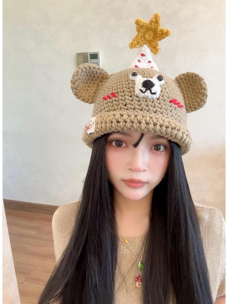 Trendy 2025 Handmade Knitted Cartoon Bear Wool Hat – Perfect Gift for Besties