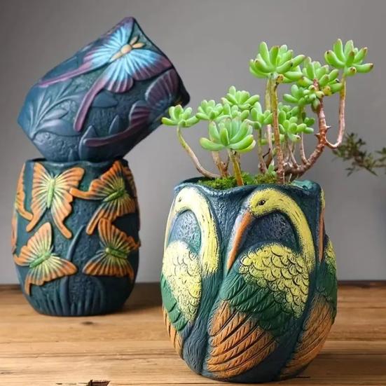 Handmade Animal Flower Pot Hand-painted Swan Butterfly Bird Planter Pot Home Balcony Garden Decoration Cactus Succulents Plants Container