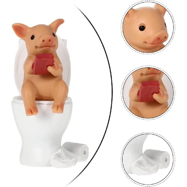 Cabilock Mini Resin Cute Pig Figurines Texting On Toilet Statue, Miniature Piggy Sculpture, Garden Farm Statue Collectible Lawn Ornament Desktop